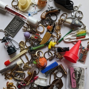 EVERY DAY OBJECTS keychain galore, vintage 70's to 90's, Stapler, Match, Crayon and much more, keyring collection, please read description!