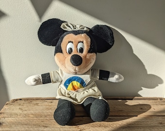 Vintage 80s Minnie Mouse plush, Disney Land Plush Stuffed Classic, with rainbow white dress, Head bow