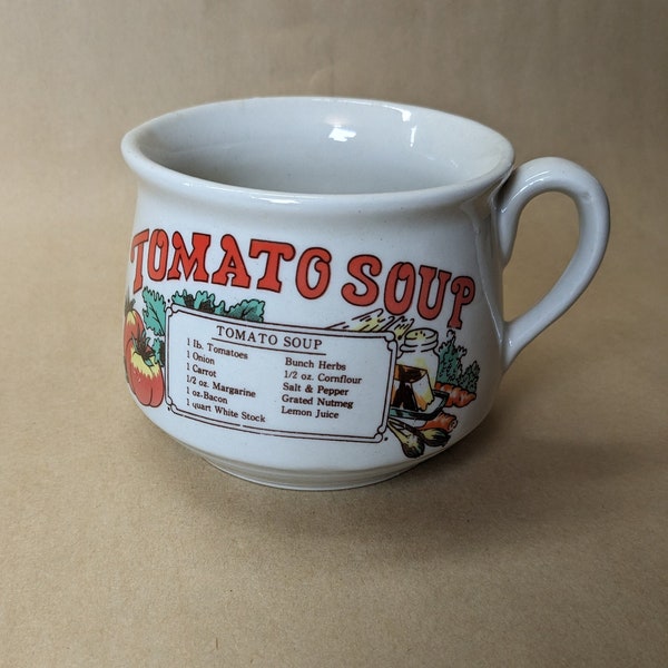 Tomato Ceramic Soup Bowl | Circa 1970s | French & English Recipe, Cozy Soup Mug Handle, Retro Kitchen Decor, Housewarming Gift