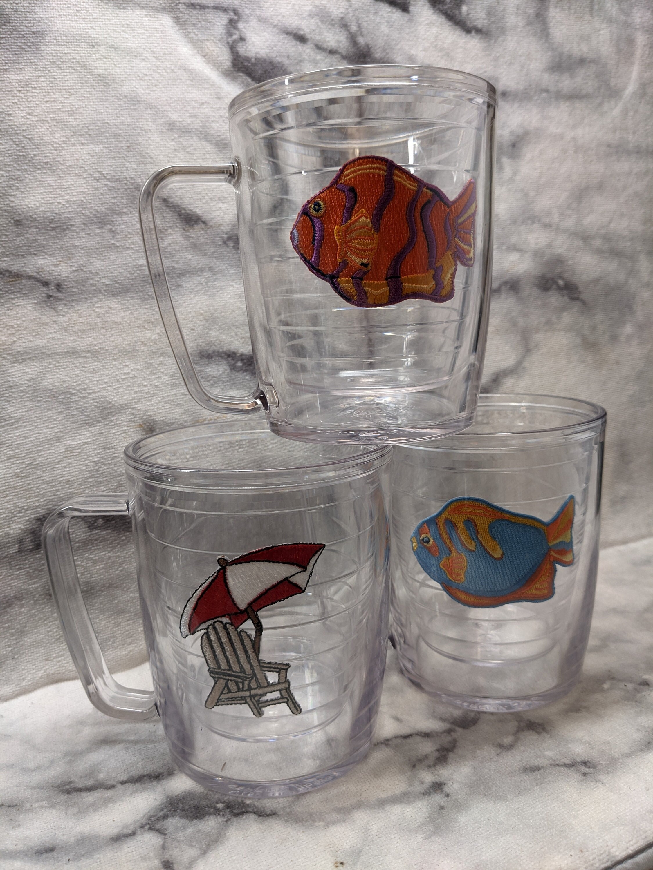 Set of 5 Vintage Tervis Tumblers 12oz Embroidered Airplanes & Flowers 