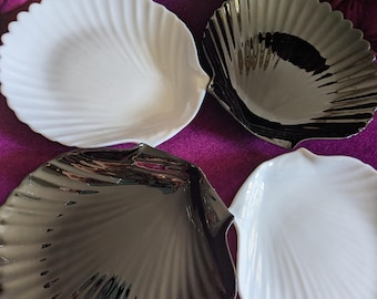 Vintage Arcoroc Coquillage Scallop Dessert Plates, Black & White Milk Glass, Set of 4