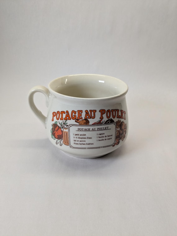 Vintage 1970er Jahre Hühner Suppenschüssel | Französische englische Rezept-Tasse
