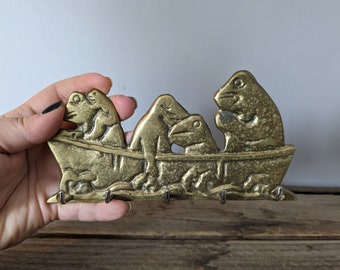 Vintage Solid BRASS Coat Hook, FROGS in a boat, Funny Wall Hook, salvaged Gold Patina Hardware