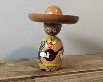 Vintage mexikansk träfigur med sombrero-tandpetarehållare, roligt tandpetareställ, heminredning, MCM-serveringsbordsdekor, trävaror