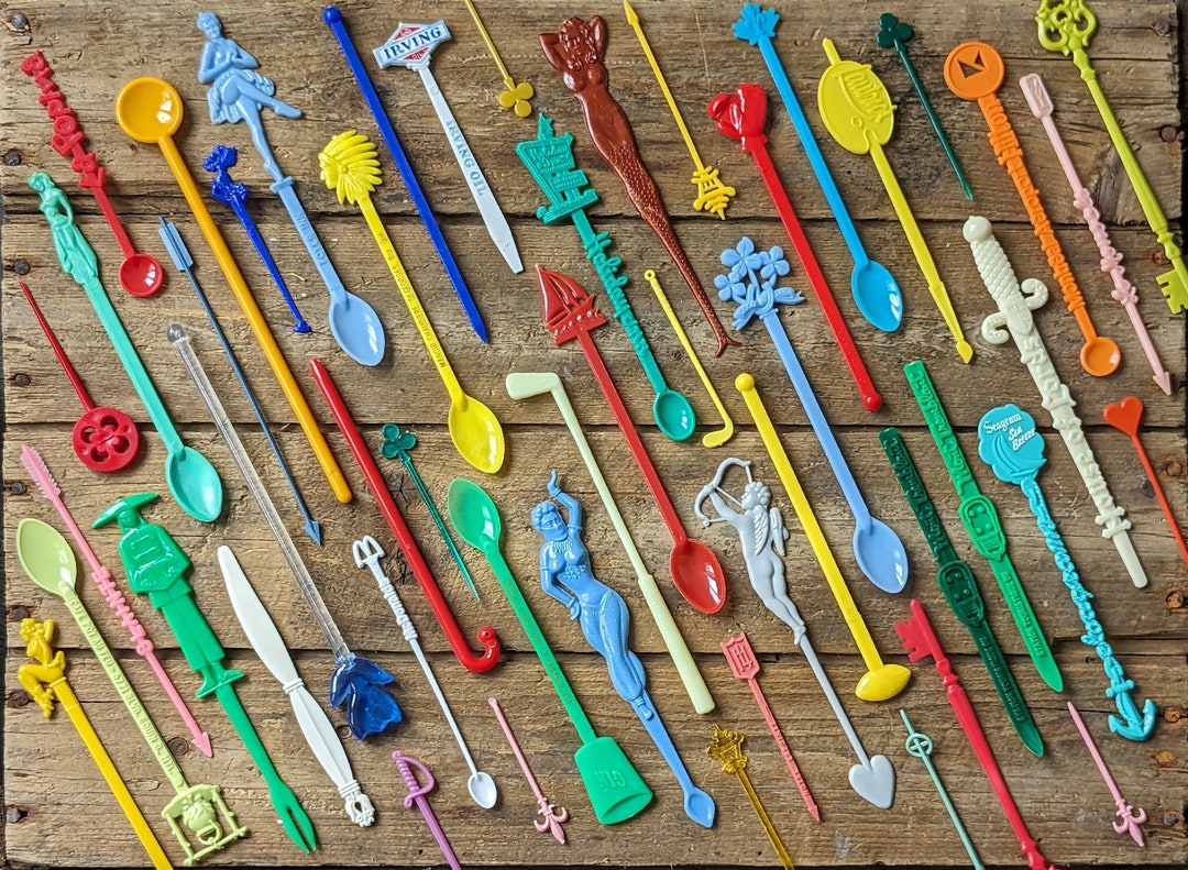 Vintage Swizzle Stick Lot 25pc Collection Bar Decor or Party. Bright