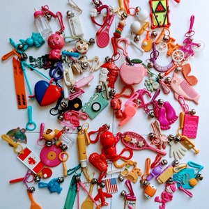 MINIS Part#1 keychain galore, vintage 80's plastic clip and bells charm, keyring collection, please read description!