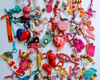 MINIS Part#1 keychain galore, vintage 80's plastic clip and bells charm, keyring collection, please read description!