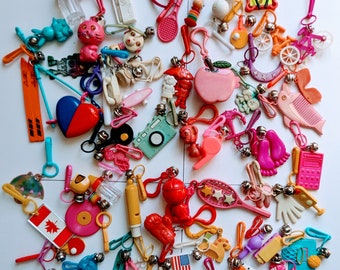 MINIS Part#1 keychain galore, vintage 80's plastic clip and bells charm, keyring collection, please read description!