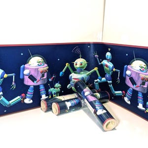 NOS 90s SPACE ROBOTS Kids Wallpaper, True Vintage Wallpaper band/strip, 4 Rolls Retro Cool graphics Space dog, Westchester Pattern CK10112B