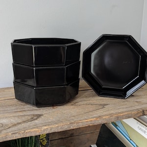 Vintage 80&#39;s Arcoroc Octime BLACK Salad Bowl 4 pieces set, Octagonal Geometric table setting, Madde in France, tempered glass.