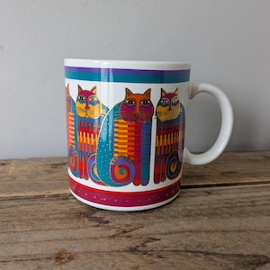 Taza vintage Laurel Burch Rainbow Cat Cousins, 1988, fabricada en Japón.