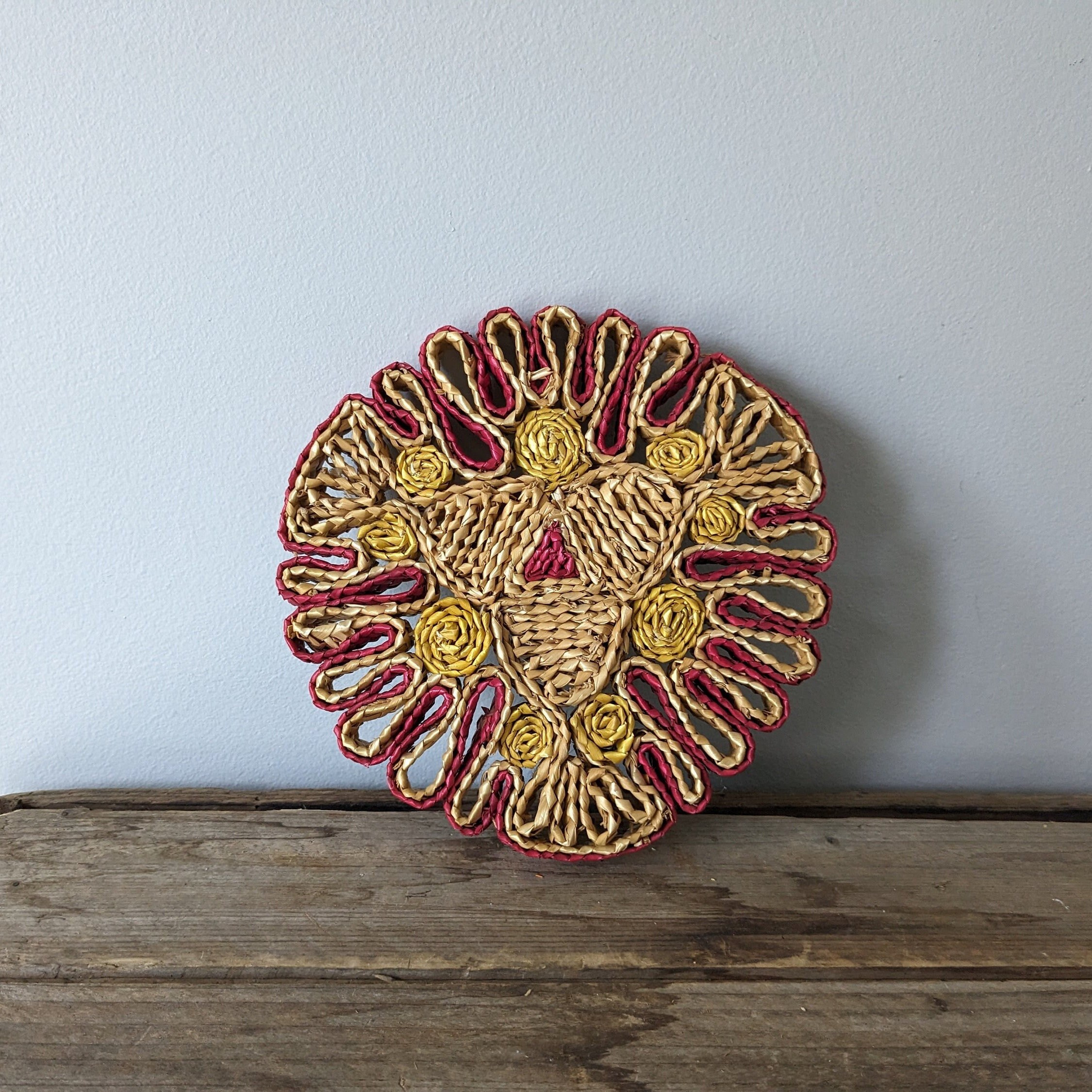 Vintage 1970's Round Wicker Rattan Trivet, Colorful Cooking Pot Holders ...