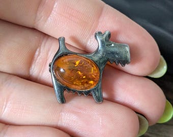 Vintage Scottie Dog 925 Sterling Silver Pin/brosch med bärnstensfärgad cabochon, skotsk terrier djurbrosch signerad .S.