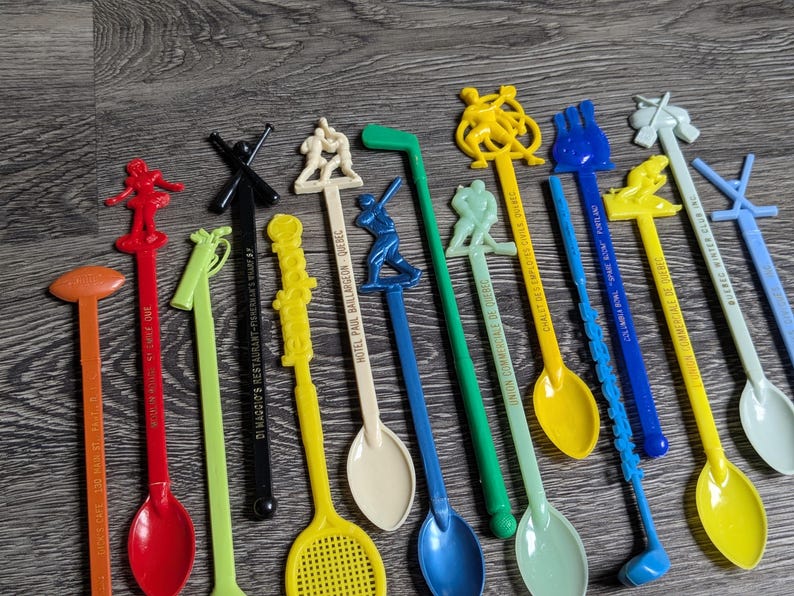 SPORTS THEME Vintage Swizzle Stick Lot 15pc Collection Bar Decor or ...