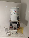 Vintage 80s Fondue pot Complete 11 pieces Set, Grid Pattern, Primary Colours, Triangles, Pop New Wave, NOS in original box, never used!