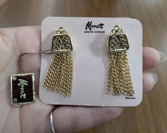 Vintage MONET Gold Tone Tassel Clip Earrings, NOS