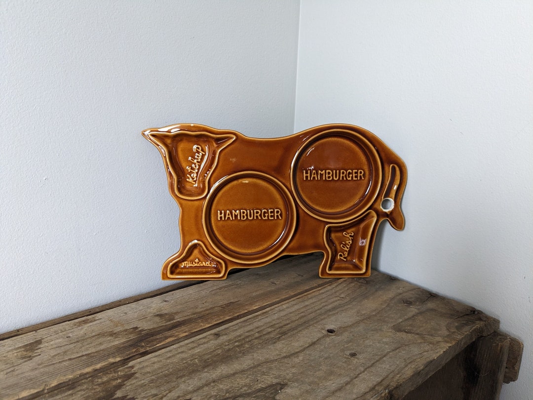 Cow Shaped Divided Ceramic Hamburger Plate Ketchup Relish Etsy