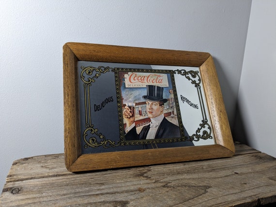 Coca-Cola ヴィンテージパブミラー・トレー Vintage 1970's Coca-cola Glass Mirror Wood Serving Tray Coke