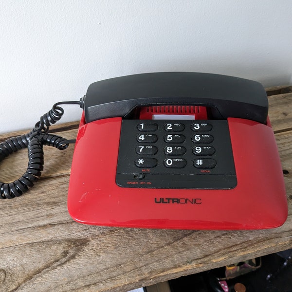 Groovy Black & Red ULTRONIC Vintage 80s Phone, push button landline, cool Retro phone, TESTED and WORKING!