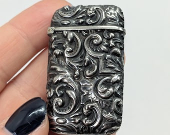Antique Repousse Victorian Vesta Match Safe Case, Small silver tone Art Nouveau case