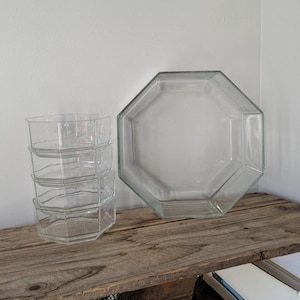 Vintage 80&#39;s Arcoroc Octime Clear Salad Bowl 5 pieces set, Octagonal Geometric table setting, Madde in France, tempered glass.