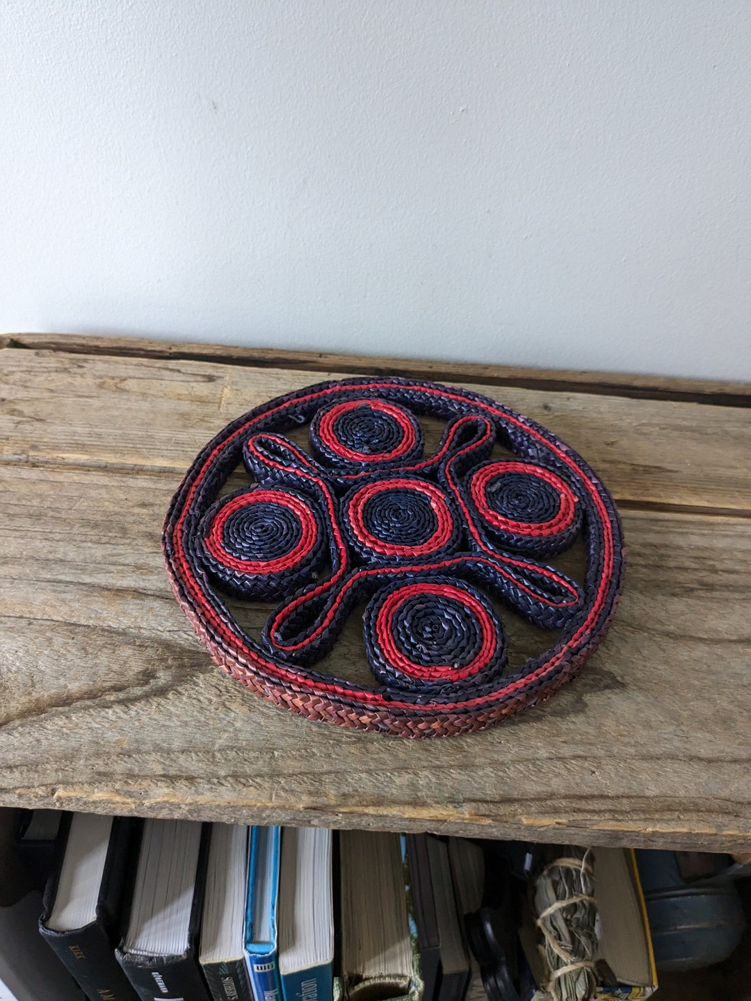Vintage 1970's Round Wicker Rattan Trivet, Colorful Cooking Pot Holders ...