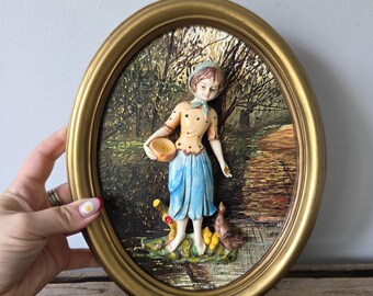 Vintage 1950's 3D Wall Art Plaque, Italian Oval frame, Girl figure with pheasant