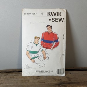 May include: A sewing pattern for a men's shirt with a red, blue, and white striped design and a green and white striped design. The pattern is from Kwik Sew and is for sizes S-M-L-XL. The pattern number is 1853.