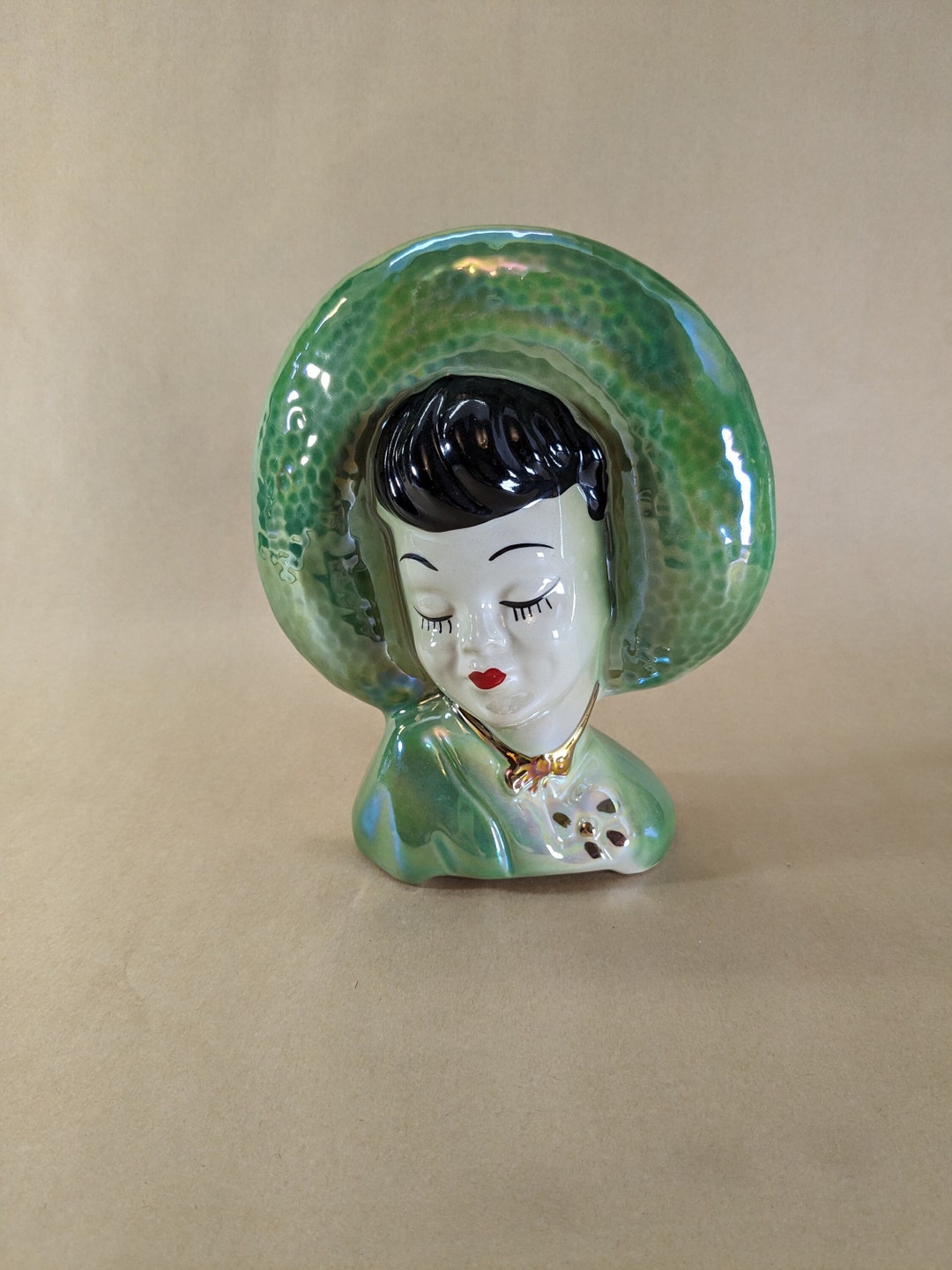 50s Vintage Glamour Lady Head Vase, Gold Painted Details, Glazed