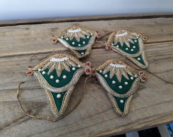 Antique Victorian Bullion Patches, Gold Wire Work, Red Beads, Green Velvet, Set of 4