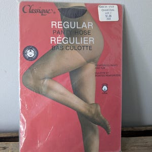 Classique Panty Hose (REGULAR, Size C), Color Charcoal, Reinforced tow 70s-80s sheer tights nylon panty hose. made in canada, NEW