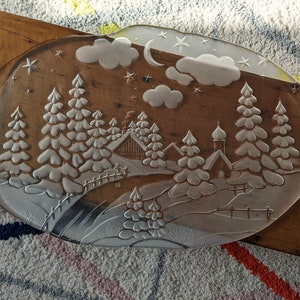 Winter scene etched frosted glass Christmas platter, organic shape