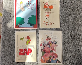Vintage Valentine Birthday Get Well Cards, Cupid, Princess Frog (Set of 4)