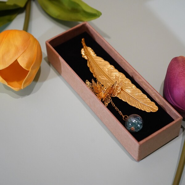 Gold Metal Feather with Butterfly Pendant Blue Charm Bookmark for All Book Lovers