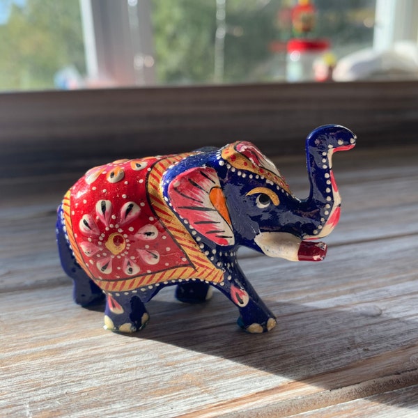 Handmade Miniature Elephant, Traditional Home Decor Office Decor, Hand Painted Metal Figurine, Animal Lover Gift idea, Dollhouse Accessory