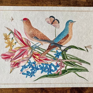 May include: A watercolour painting of two birds perched on a branch with pink and white flowers. The birds are a brown and red bird and a blue and brown bird. A butterfly is flying above the birds.