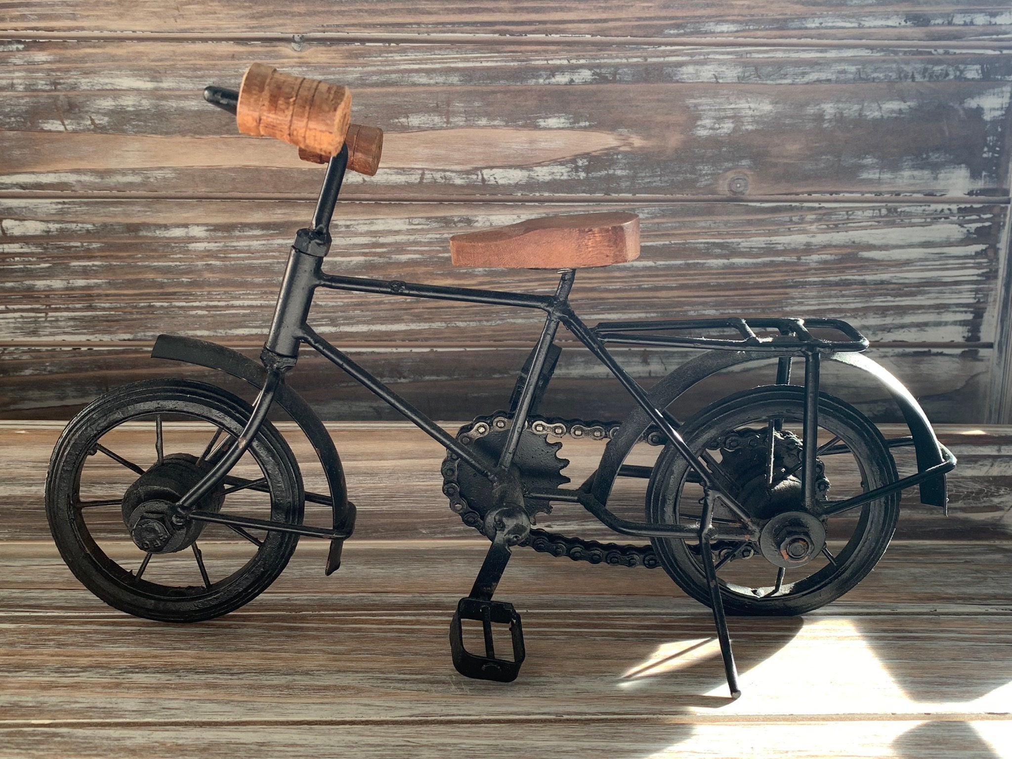 Mini Wooden Cast Iron Bicycle Centerpiece, Tabletop Bike, Tiered Tray