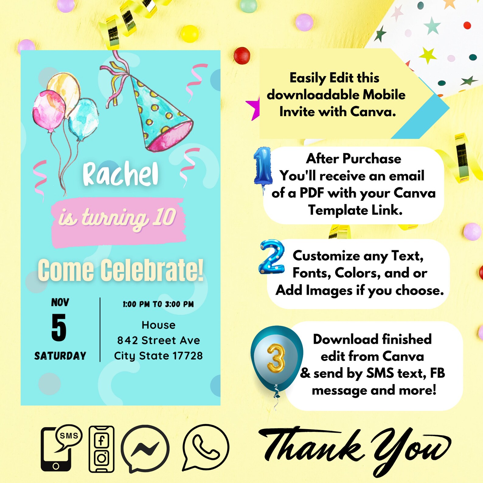 DIY Digital Girls Party Invitation Canva Template Etsy