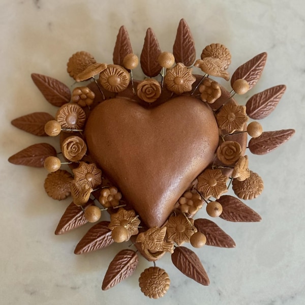 Handmade Terracotta Clay Heart Wall Art: Mexican Floral & Bird or Butterflies Decor
