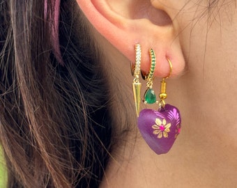 Hand-Painted Mexican Clay Heart Earrings – Unique Folk Art Jewelry, Artisan Gift