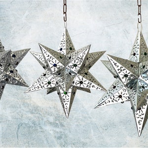Beautiful Silver Punched Tin Hanging Star With Colored Marbles Marble - Mexican Tin Star