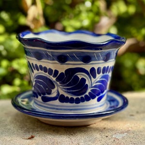 Hand-Painted Mini Blue Talavera Flowerpot with Saucer