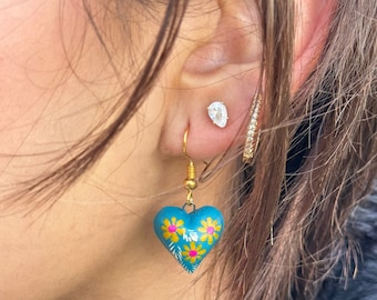 Handmade Mexican Heart Earrings – Hand-Painted Clay Jewelry, Lightweight Romantic Gift, Unique Artisan Folk Art