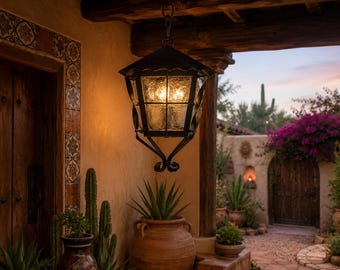Handmade Rustic Mexican Iron Hanging Lantern | 17" Black Outdoor Pendant Light | Spanish Hacienda Entry Light Fixture