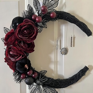 Gothic Moon Wreath | Crescent Moon Wreath | Hanging Crystal Wreath | Moody Witch Decor | Halloween Wreath | Front Door Decor | Dark Decor