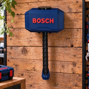 May include: A blue hammer-shaped wall mount featuring the red Bosch logo on the front face. The tool-inspired object has a black textured handle extending downwards and a flat black circular top, designed to be mounted securely on a vertical surface.