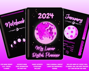 Purple and Black 2024 Digital Planner 2024 Moon Digital Planner Purple Digital Planner for laptop ipad  samsung goodnotes witchy planner
