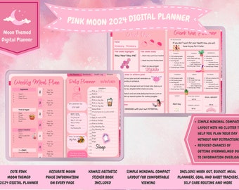 2024 Pink Moon Digital Planner 2024 Digital Planner Cute Pink Digital Planner for ipad goodnotes notable samsung tablet cute digital planner