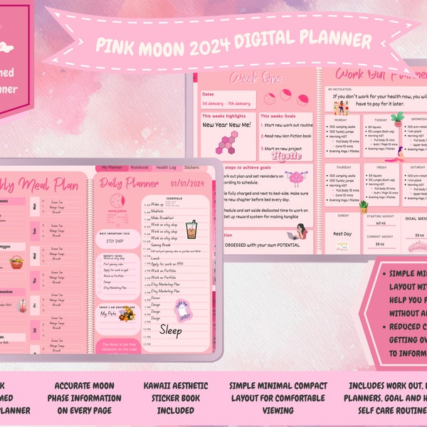 2024 Pink Moon Digital Planner 2024 Digital Planner Cute Pink Digital Planner for ipad goodnotes notable samsung tablet cute digital planner