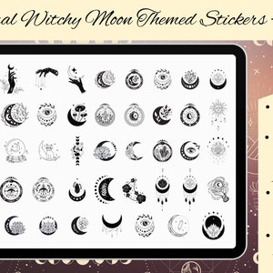 Witchy Moon Digital Stickers: Black Minimalist Planner Art (Digital Download)